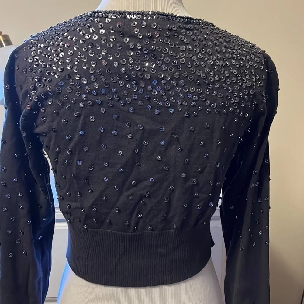 Charcoal gray soft short cardigan sweater with sequins and beads, small